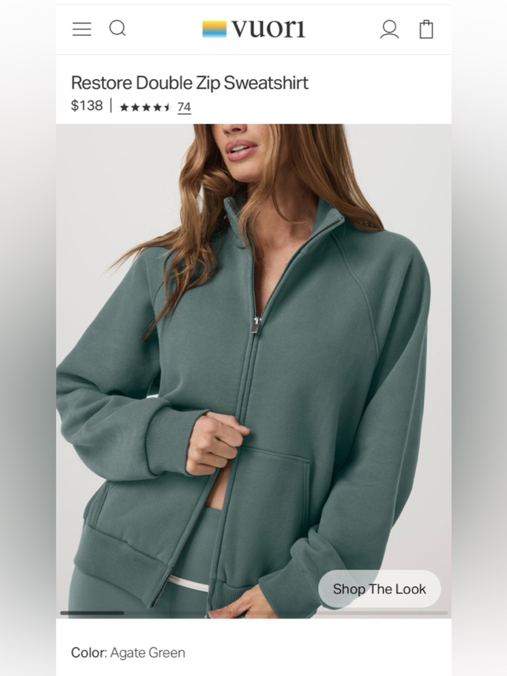 NWT! Vuori Restore Double Zip Sweatshirt Jacket in Agate Green Medium